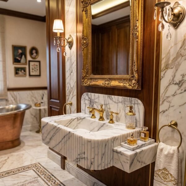 Lilac Mermer Lavabo – Fluted Yüzeyli Backsplash’lı El Yapımı Lüks Vanity