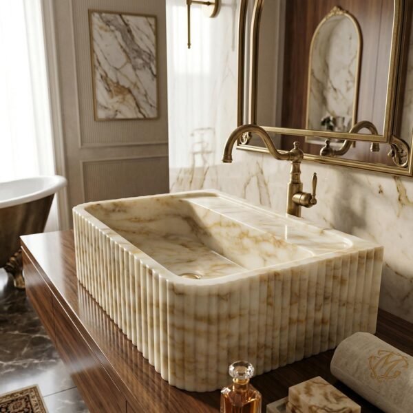 Calacatta Gold Mermer Lavabo – Ribbed Doğal Taş Küçük Boy Vanity