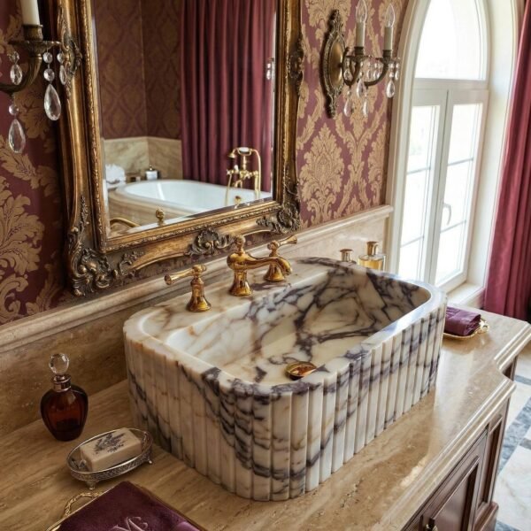 Calacatta Viola Mermer Lavabo – Yivli Ön Yüzeyli Farmhouse Banyo Tezgahı
