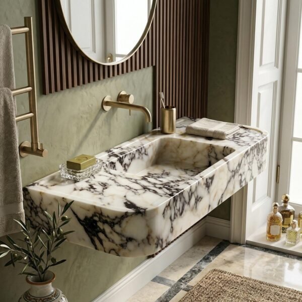 Calacatta Viola Mermer Lavabo – Geniş Form Duvara Monte Vanity