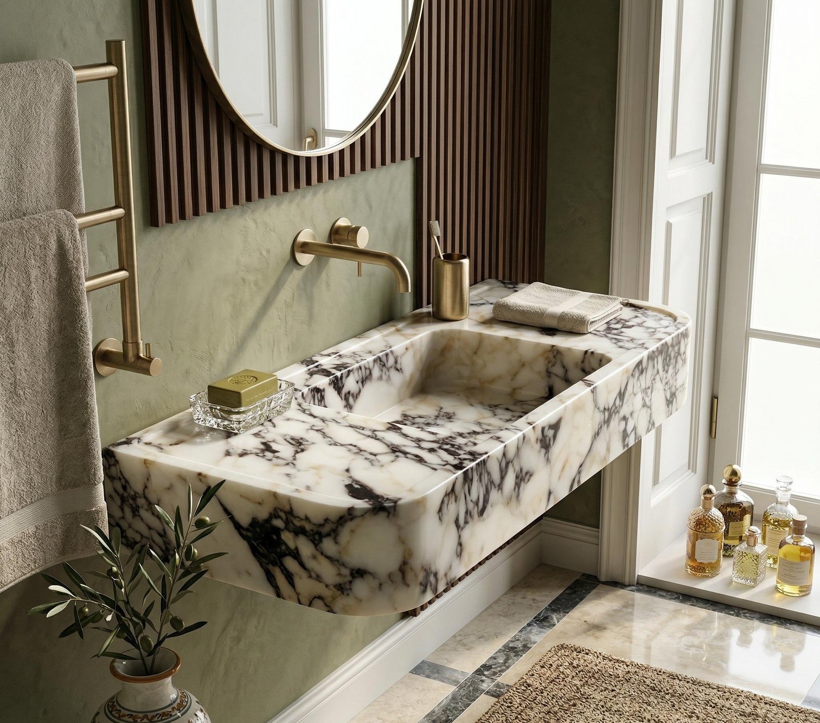 Calacatta Viola Mermer Lavabo – Geniş Form Duvara Monte Vanity