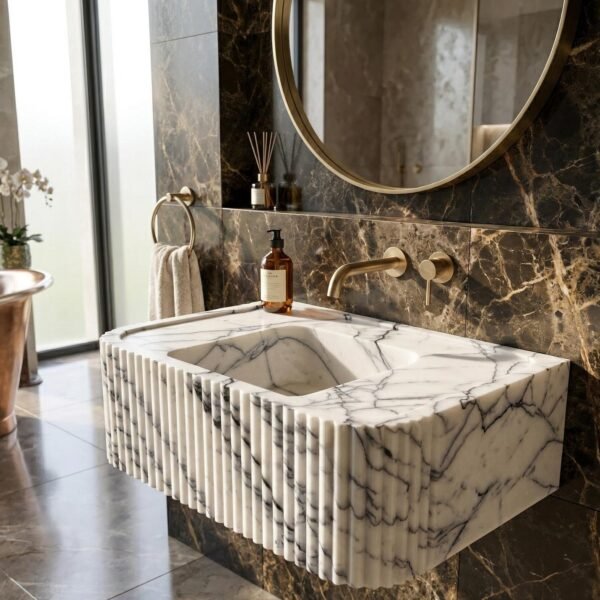 Lilac Mermer Lavabo – Oyma Ön Yüzeyli Duvara Monte Lüks Sink
