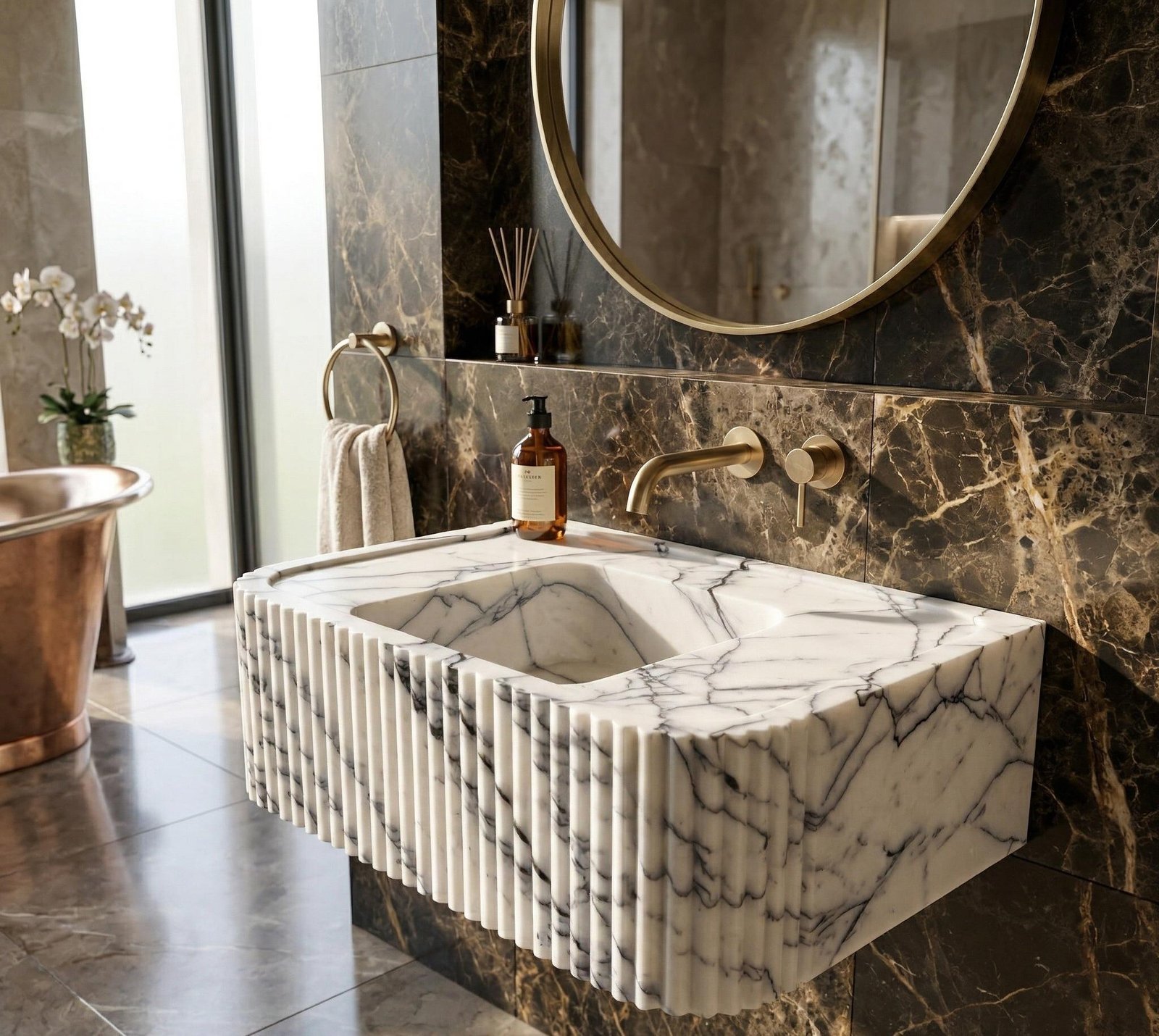 Lilac Mermer Lavabo – Oyma Ön Yüzeyli Duvara Monte Lüks Sink