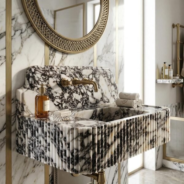 Calacatta Viola Mermer Lavabo – Yuvarlatılmış Köşe Duvara Monte Lüks Vanity