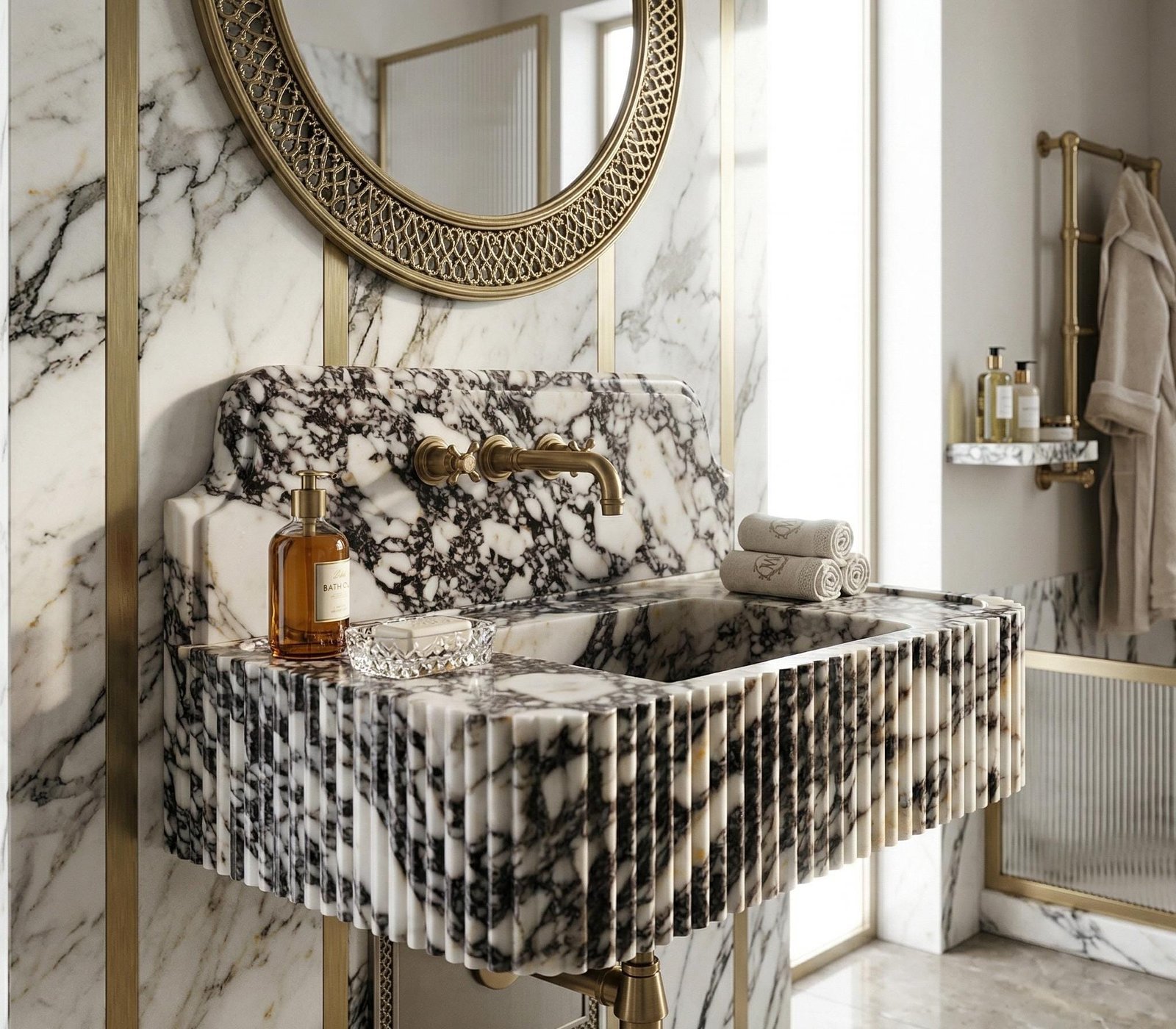 Calacatta Viola Mermer Lavabo – Yuvarlatılmış Köşe Duvara Monte Lüks Vanity