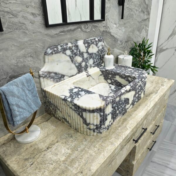 El Yapımı Calacatta Viola Mermer Lavabo – Arkalıklı Tasarım Lavabo 16" x 30" x 8"