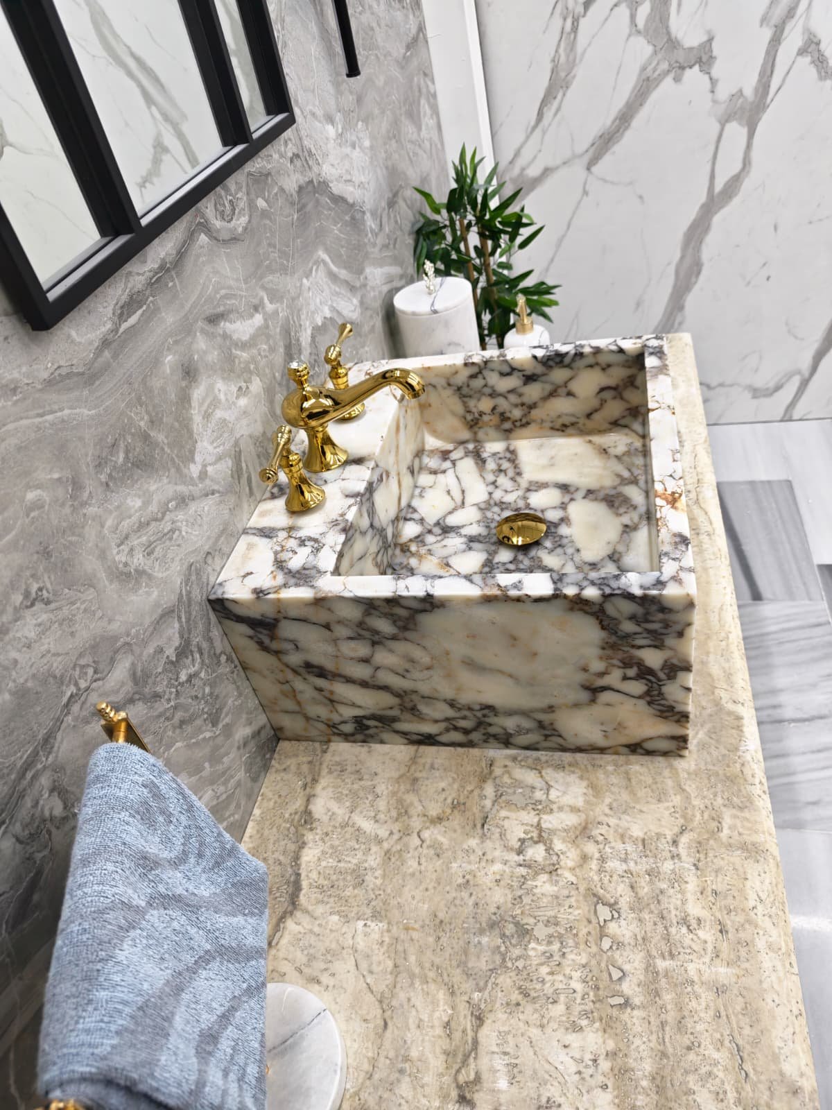 El Yapımı Calacatta Viola Mermer Lavabo – Masif Blok Banyo Lavabosu - Görsel 4
